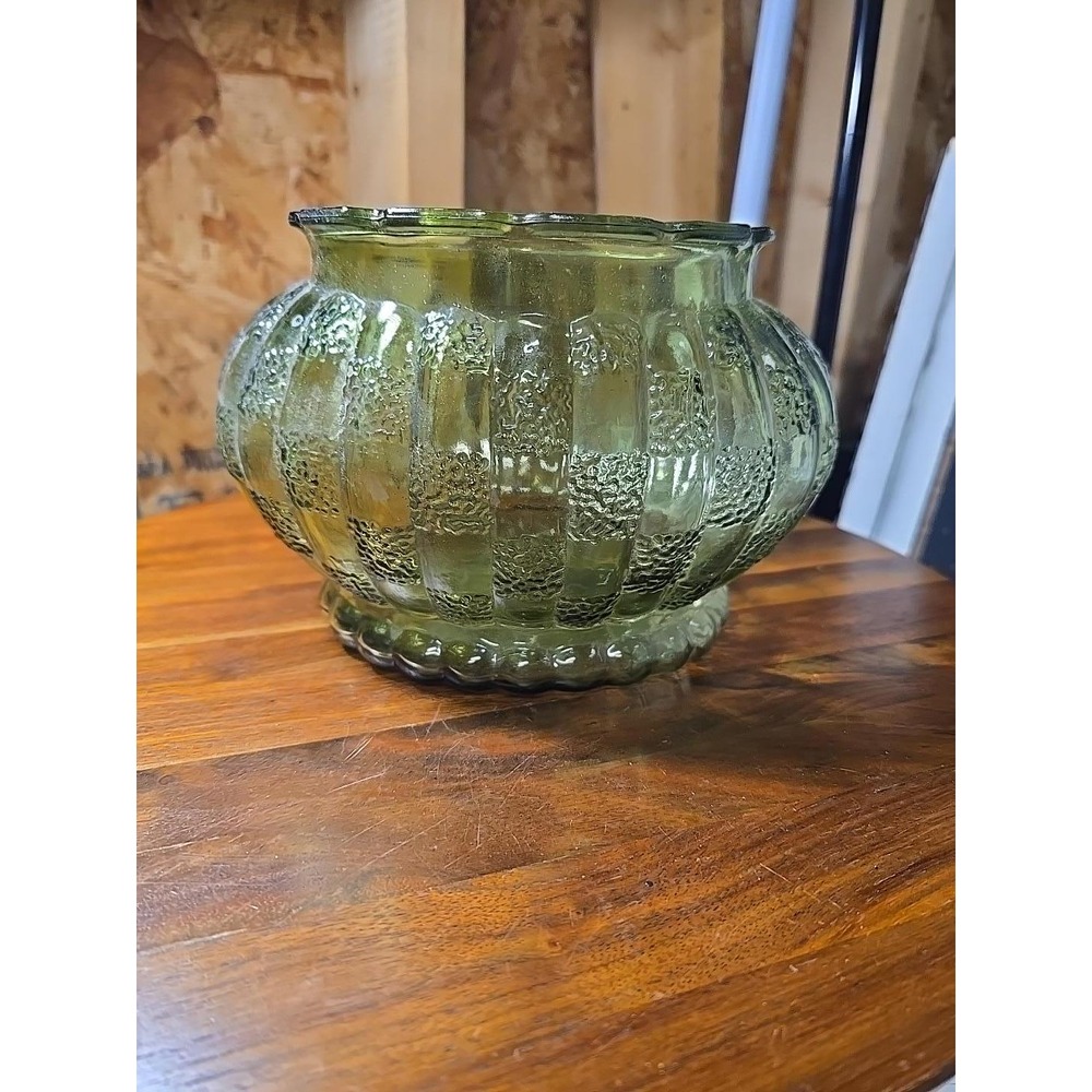 Vintage ALR Co Olive Green Glass Planter Vase 5" Textured Ribbed Scalloped